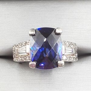 Checkerboard Cut Genuine Tanzanite & Diamond Simulant 925 Sterling Silve…